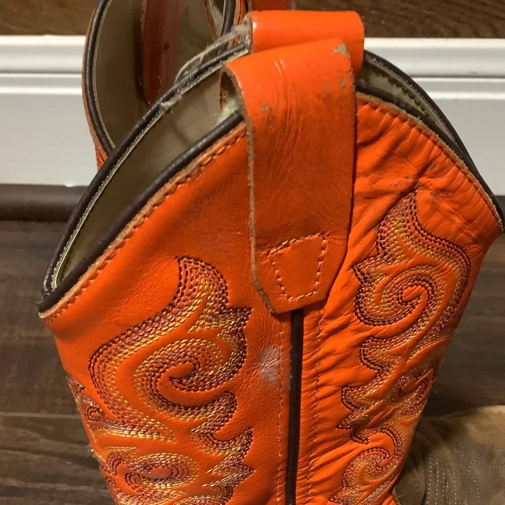 Cody James Kids Cowboy Boots Orange Brown Leather Square Toe BSC1867 Size 11D